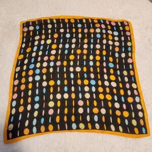 Vintage 100% Silk Square Scarf Black Polka Dot Multi-Color Orange Border 20x20